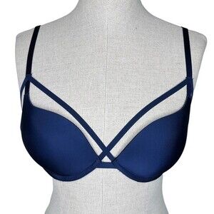 Victoria's Secret Push Up Bra sz 32B * Strappy Cage Bra Navy Blue Padded Pushup